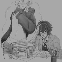 artist_signature books bsd bungo_stray_dogs bungou_stray_dogs censored_pussy chuuya_nakahara clothed clothed_male clothing_lift creative_censorship cuntboy cuntboy_with_breasts dazai_osamu flirting flirty nakahara_chuuya no_visible_genitalia osamu_dazai pulling_down_shorts seducing seductive soukoku sweat sweatdrop tagme