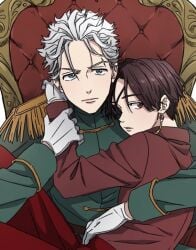 2boys brown_hair caress cuddle daddy daddy_kink domination eyepatch femboy femboysub gay hajime_umemiya male_only protective red_hair romantic_couple smaller_male suo_hayato sweet white_hair wind_breaker windbreaker