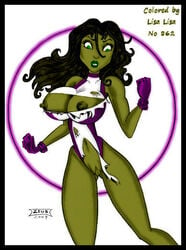 1girls 2009 avengers big_breasts breasts female female_only gloves green_eyes green_hair green_skin huge_breasts hulk_(series) large_breasts leotard lisa_lisa_(artist) marvel marvel_comics nipples pussy she-hulk solo torn_clothes zeus(artist)