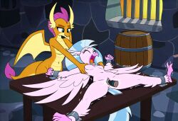 ai_generated anthro breasts dragon female friendship_is_magic fur furry hasbro hippogriff my_little_pony nipples nude open_mouth pink_body pink_fur pussy silverstream_(mlp) smile smolder_(mlp) wings