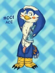 3:4 abs ace_(animal_crossing) animal_crossing anthro armpit_hair athletic athletic_male avian balls bird bird_penis blue_body body_hair clothing clothing_aside feathers genitals male nintendo nude onikuma_(artist) solo stretching tail tail_feathers