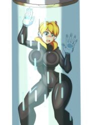 1girls alia big_breasts blonde_hair blue_eyes blush boob_window breasts_on_glass kotatuman_dash mega_man mega_man_x mega_man_x_dive robot_girl white_background white_gloves