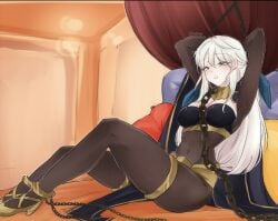 alternate_costume arms_up bed bedroom before_sex big_breasts bondage bow cape captive captured chains collar collar_and_leash dark_mage_(fire_emblem_fates) fire_emblem fire_emblem:_radiant_dawn golden_eyes hopeless hot_body imminent_sex kottonart leash micaiah_(fire_emblem) shackles silver_hair sitting_on_bed skin_tight slave slave_collar slave_outfit slavegirl