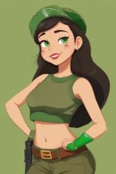 ai_generated american_dad army army_cap army_girl army_uniform assault_rifle bad_anatomy black_hair colombian colombian_army_soldier_1 colombian_female crop_top pin_up red_lipstick smile smiling smiling_at_viewer soldier