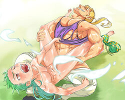 2boys abs anal artist_request biceps blonde_hair brown_eyes censored closed_eyes final_fantasy final_fantasy_vi gau_(final_fantasy_vi) gay green_hair male_nipples multiple_boys muscles open_mouth pecs sabin_rene_figaro torn_clothes yaoi