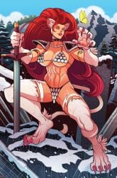 1girls 2024 4_toes bikini bikini_armor blue_eyes capcom cat_ears cat_paws cat_tail catgirl cosplay darkstalkers detailed_background felicia_(darkstalkers) female female_only hi_res long_hair pawpads ramartwork red_hair red_lips red_sonja_(comics) red_sonja_(cosplay) sharp_fingernails sharp_toenails solo sword tail very_high_resolution