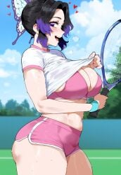 ai_generated ass black_hair bra cleavage clothes_lift creamy_ai curvy demon_slayer dolphin_shorts kimetsu_no_yaiba kochou_shinobu large_breasts multicolored_hair pink_bra pink_shorts purple_eyes purple_hair shirt_lift short_shorts shorts side_view tennis_court tennis_racket thick_thighs white_shirt wide_hips