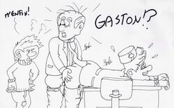 3boys anal_penetration anal_sex caught caught_in_the_act erect_while_penetrated fantasio flying_sweatdrops french_text gaston_(comic) gaston_lagaffe gay gay_sex hands_on_hips human human_only lying_on_desk male/male male_on_male male_only male_penetrating_male monochrome necktie pants_down pleasure_face receiving_on_stomach simple_background spirou spirou_magazine tagme turtleneck_sweater white_background yaoi