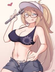 1girls :p absurdres armpits bare_arms baseball_cap black_panties black_sports_bra blonde_hair blue_eyes breasts cleavage covered_nipples cowboy_shot ear_piercing female female female_only glasses gradient_background hair_between_eyes hand_on_own_hip hat heart highleg highleg_panties highres holding holding_wrench large_breasts long_hair looking_at_viewer navel open_fly original panties piercing ponytail print_sports_bra pubic_tattoo short_shorts shorts sideboob signature skindentation smile solo sports_bra stomach tattoo thong tongue tongue_out underwear vaniste very_long_hair white_hat wrench