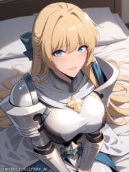 1girls ai_generated armor bangs big_breasts blonde_hair blue_bow blue_eyes blush clothed from_above hairbow jellyray long_hair looking_at_viewer nervous sfw sitting_on_bed solo solo_female solo_focus solo_max_level_newbie teresa_du_laurentia webtoon