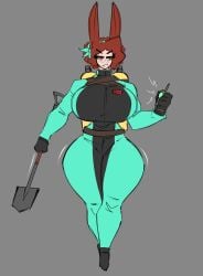 bandana big_breasts employee_uniform hourglass_figure huge_ass huge_breasts lethal_company red_hair sheryl_(shewiff) shewiff shovel suit thick_thighs thin_waist walkie_talkie wide_hips yellow_eyes