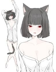 big_breasts black_hair cat_ears cat_tail cleavage fangs laying_down limbus_company loose_clothes loose_shirt noroma_u open_mouth project_moon red_eyes ryoshu_(limbus_company) short_hair tail tail_between_legs white_shirt