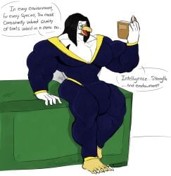 2022 abs avian barefoot beak bird black_hair blue_eyes book breasts bulge chest_markings cleavage clothed clothing desk dialogue english_text eyewear falcon falconid feet furniture glasses gyrfalcon hair hi_res long_hair male markings muscular open_mouth pecs seth_grayson solo table teacher text thewerebara third-party_edit white_body