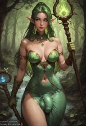 1futa ai_generated dress elf elf_ears fairy forest futanari futornyx green_eyes green_hair huge_cock large_testicles medium_breasts nature skirt solo tagme thick_thighs wide_hips