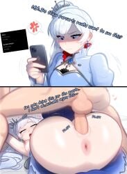 2koma ai_generated ass asshole before_and_after bun_hair comic english_text fluffylewdsai fucked_senseless fucked_silly holding_phone instant_loss_2koma long_hair mating_press novelai on_back on_bed phone question rwby sex text twitter vagina vaginal vaginal_insertion vaginal_penetration vaginal_sex weiss_schnee white_hair