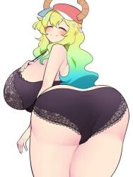 aqua_hair ass ass_bigger_than_head ass_focus baseball_cap bell_(artist) black_bra black_lingerie black_outline black_panties blush brown_horns closed_eyes crotch_seam curvy_figure dragon_girl dragon_horns from_behind gradient_hair green_hair hair_between_eyes hand_on_own_breast hand_up head_up horns huge_ass huge_breasts kobayashi-san_chi_no_maidragon lace-trimmed_bra lace-trimmed_panties lace_trim leaning_forward light-skinned_female light_skin lingerie lingerie_only looking_back lowleg_panties lucoa multicolored_hair quetzalcoatl_(dragon_maid) red_cap relaxed shoulders sideboob sidelocks simple_background small_head smile soft_skin thick_neck thick_thighs thighs_together wavy_hair white_background yellow_hair