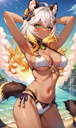 ai_generated beach bikini blush breasts genshin_impact green_eyes looking_at_viewer navel patreon tail thewaifuharem xilonen_(genshin_impact)