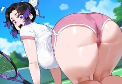 1girls ai_generated all_fours ass ass_focus big_ass big_butt black_hair bubble_ass bubble_butt cameltoe creamy_ai curvy dat_ass demon_slayer dolphin_shorts fat_ass from_behind huge_ass kimetsu_no_yaiba kneepits kochou_shinobu large_ass large_breasts multicolored_hair pawg pink_shorts purple_eyes purple_hair round_ass short_shorts shorts solo tennis_court tennis_racket thiccwithaq_(ai_style) thick_ass thick_thighs white_shirt wide_hips