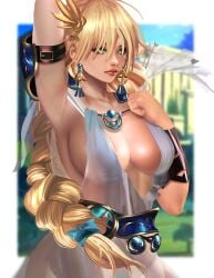 1girls 2022 arm_behind_head blonde_hair braid earrings female female_only green_eyes inner_sideboob kittymiya long_hair looking_at_viewer sideboob solo sophitia_alexandra soul_calibur three-quarter_portrait