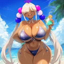 ai_generated beach big_breasts bikini blonde_hair breasts brown_skin cleavage closed_eyes dark-skinned_female dark_skin drink holding_drink hololive hololive_english huge_breasts large_breasts sideboob thick_thighs tsukumo_sana underboob virtual_youtuber vtuber