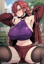 ai_generated hero_killer kirine pussy_ejaculation pussy_juice red_eyes red_hair sharpshooter_(hero_killer) visible_breath webtoon webtoon_waifu