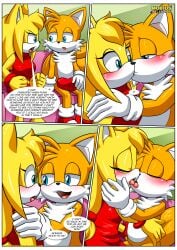 1boy 1girls anthro bbmbbf blush comic dialogue female french_kiss kissing let_me_love_you_(comic) male male/female miles_prower mobian_(species) mobius_unleashed palcomix sega sonic_(series) sonic_boom sonic_the_hedgehog_(series) speech_bubble tails_the_fox zooey_the_fox