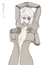 arms arms_up cleavage faust_(limbus_company) large_breasts limbus_company open_shirt project_moon sasha_(limbus_company) short_hair white_hair