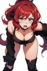 ai_generated black_topwear blue_eyes brown_hair choker cleavage crying open_mouth ponytail sleeves thighhighs