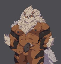 4_fingers alternate_species anthro arcanine areola asian_mythology balls bara biped bodily_fluids claws cum cum_string east_asian_mythology elbow_tufts fangs finger_claws fingers foo_dog fur genital_fluids genitals glans hi_res humanoid_genitalia humanoid_penis looking_at_viewer male male_only mammal muscular muscular_anthro muscular_male mythology nintendo nipples nude orange_balls orange_body pecs penis pokemon pokemon_(species) solo solo_male striped_body stripes tan_body tan_fur taoren video_games