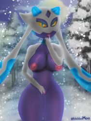 3:4 anthro blubluumon blue_eyes breasts female finger_fuck finger_on_tongue fingering forest froslass genitals hi_res looking_at_viewer nintendo nipples plant pokémon_(species) pokemon pussy snow solo tongue tree vaginal_penetration video_games wide_hips yellow_eyes