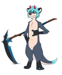 andromorph anthro cuntboy demon gemerency genitals hi_res intersex lutrine mammal melee_weapon model_sheet mustelid polearm pussy reff scythe solo weapon