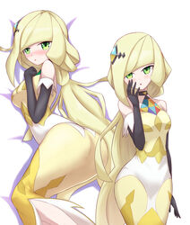 1girls alternate_costume alternate_hairstyle alternate_outfit ass big_ass big_butt blonde blonde_hair blush blushing clothing dress eye_contact female gloves green_eyes light-skinned_female light_skin long_hair looking_at_viewer lusamine_(pokemon) mature_female milf nintendo pokemon pokemon_masters pokemon_masters_ex pokemon_sm standing sygna_suit_lusamine zerokun135