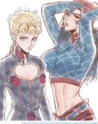 2girls blonde_hair blue_eyes blue_hair breasts clothed clothing duo giorno_giovanna guido_mista jojo's_bizarre_adventure multiple_girls rule_63 vento_aureo white_background