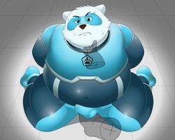 2021 anthro balls_outline belly black_nose bodily_fluids bound bulge clothed clothing cum erection erection_under_clothing fur genital_fluids genital_outline gumpang0 hi_res humanoid_hands kemono kingdom_force male mammal mask norvyn_(kingdom_force) overweight overweight_male penis_outline polar_bear skinsuit solo_focus sweat tight_clothing ursid ursine white_body white_fur