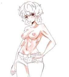 abs amane_suzuha braided_hair colored_sketch embarrassed hand_on_hip jonyeld jorts looking_at_viewer medium_breasts messy_hair muscular muscular_female nipples shorts standing steins;gate tied_hair topless topless_female twin_braids