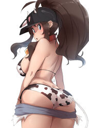 1girls ass big_ass big_breasts breasts cow_bikini cow_ears cow_horns cow_print cowbell eye_contact hat hilda_(pokemon) kuronyan looking_at_viewer looking_back minishorts nintendo panties pokemon pokemon_bw shorts shorts_down standing tail thick_thighs thighs white_background