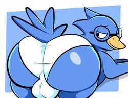 1boy anthro ass avian backsack balls beak bent_over berdly big_ass big_balls big_butt bird blue_body blue_feathers briefs bubble_butt butt_focus clothed clothing deltarune eyewear feathers genitals glasses half-closed_eyes hi_res looking_at_butt looking_back male male_only narrowed_eyes presenting presenting_hindquarters simple_background smile smug solo solo_male tail_feathers tepigfan101 thick_thighs tighty_whities topless undertale_(series) underwear underwear_only video_games white_clothing white_underwear yellow_beak