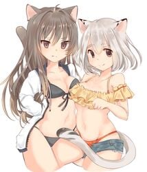 2girls ahoge akahaneko animal_ears bangs bikini black_bikini blue_shorts breasts brown_eyes brown_hair cardigan cat_ears cat_tail collarbone cowboy_shot eyebrows_visible_through_hair female hair_between_eyes highleg long_hair medium_breasts medium_hair micro_shorts mismatched_bikini monochrome_background multiple_girls navel off-shoulder_bikini off_shoulder open_cardigan open_clothes open_shorts original paw_pose red_bikini shorts silver_hair simple_background small_breasts smile spaghetti_strap string_bikini swimsuit tail tail_raised white_background white_cardigan yellow_bikini