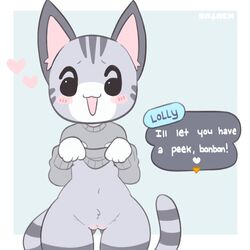 <3 2021 4_fingers :3 absurd_res animal_crossing anthro black_body black_eyes black_fur blush bottomless butt_from_the_front cleft_of_venus clothed clothing clothing_lift cute cute_expression dialogue dialogue_box domestic_cat english_text felid feline felis female fingers front_view fur furry furry_only genitals grey_body grey_clothing grey_fur grey_sweater grey_text_box grey_topwear header heart heart_after_text heart_box hi_res lolly_(animal_crossing) looking_at_viewer mammal markings multicolored_body multicolored_fur navel nintendo open_:3 open_mouth open_smile partially_clothed pussy sataenart simple_background smile solo standing striped_markings striped_tail stripes sweater sweater_lift tail tail_markings talking_to_viewer text text_box text_with_heart thigh_gap topwear video_games watermark white_body white_fur white_text wide_hips