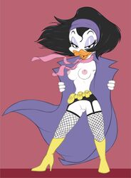 2021 anatid anseriform anthro avian belt billboi bird black_hair boots breasts clothing coat disney double_duck duck ducktales eyeshadow female fishnets flashing flashing_breasts footwear garter_belt_leggings genitals hair hairband half-closed_eyes heel_boots heels hi_res kay_k looking_at_viewer makeup narrowed_eyes nipples open_clothes open_coat open_mouth presenting presenting_breasts purple_eyeshadow pussy scarf shoes solo topwear trenchcoat utility_belt