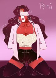 ._. 1girls big_breasts brown_hair clothing countryhumans countryhumans_girl covered_eyes lipstick long_hair peru_(countryhumans) red_body red_lipstick red_skin tied_hands