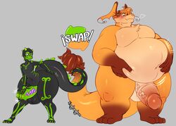 anthro balls big_penis body_swap darkmor duo foreskin genitals girly hi_res huge_cock male male/male marvol maxximizer musclegut nude penis raichamonolith size_swap tingtongten wide_hips