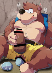 2021 anal anal_masturbation anthro backpack bag balls banjo-kazooie banjo_(banjo-kazooie) bear belly belt blush bodily_fluids bottomwear brown_body censored clothing egg egg_laying erection genitals heart humanoid_genitalia humanoid_hands humanoid_penis kemono male male_focus male_only mammal masturbation moobs nipples overweight overweight_male penis rareware shirosaru shorts sitting solo sweat ursid video_games