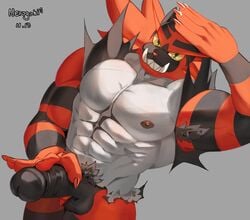 2021 abs anthro armpit_hair balls bara big_muscles big_penis body_hair claws dutch_angle erection furry furry_only genitals grey_background hand_on_head hand_on_penis hi_res humanoid_genitalia humanoid_penis incineroar looking_at_viewer lupus5903 male male_only muscular muscular_anthro muscular_male navel nintendo nipples nude obliques pecs penis pokémon_(species) pokemon presenting presenting_penis pubes signature simple_background smile solo standing teeth video_games