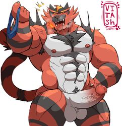 2021 abs absurd_res anthro armpit_hair balls bara biceps big_muscles big_penis blush body_hair chest_hair clothing erection fire fur genitals hand_on_hip happy_trail hi_res holding_clothing holding_object holding_underwear humanoid_genitalia humanoid_penis incineroar looking_at_viewer male male_only muscular muscular_anthro muscular_male narrowed_eyes navel nintendo nipple_piercing nipples nude obliques open_mouth open_smile pecs penis piercing pokémon_(species) pokemon pubes seductive signature simple_background smile solo standing teeth tongue tongue_out tuft underwear vein video_games vitashi white_background