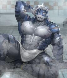 2021 abs absurd_res anthro biceps big_muscles blue_body blue_fur countershade_torso countershading felid feline fur glistening glistening_body glistening_pecs hair hi_res huge_muscles male mammal multicolored_body multicolored_fur muscular muscular_anthro muscular_male neumokun nipples pantherine pecs scar solo tiger white_body white_countershading white_hair