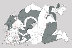 2boys ambiguous_penetration animal_ears bent_over bite black_hair bottomless cat_ears cat_tail catboy closed_eyes clothed_sex cute_male duo gay hatake_kakashi kakashi_hatake kneehighs leg_glider_position lying lying_on_side male male/male male_only moaning multiple_boys naruto naruto_(series) naruto_shippuden sex shirt short_hair tail_biting tail_wrap uchiha_obito unmasked vosovic white_hair yaoi young younger_male