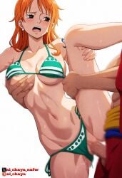 1girls ai_generated big_breasts big_penis bikini blush chaya_nsfw curvy_body curvy_female curvy_figure female grabbing_leg grabbing_penis leg_up legs male moaning monkey_d_luffy nami narrow_waist nipples one_piece orange_hair sex tattoo thick_thighs vaginal_penetration wide_hips