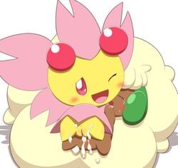 blush bodily_fluids cherrim cum cum_in_pussy cum_inside duo elemental_creature female female/female feral flora_fauna genital_fluids genitals hi_res minami_(artist) nintendo plant pokémon_(species) pokemon pussy rear_view simple_background tears video_games whimsicott yuri