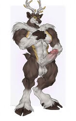 alrik_(coachmika) anthro antlers balls bara erection genitals hand_on_hip hi_res horn humanoid_genitalia humanoid_penis male nintendo penis pokémon_(species) pokemon sawsbuck shepherdart simple_background solo video_games white_background winter_sawsbuck